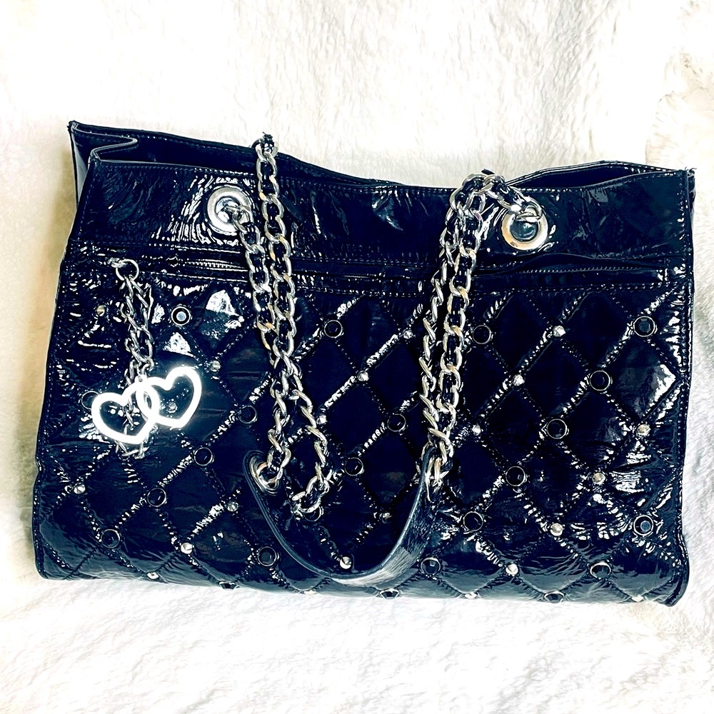 Betsey Johnson 100% Genuine Black Patent Leather Quilted Shoulder Bag